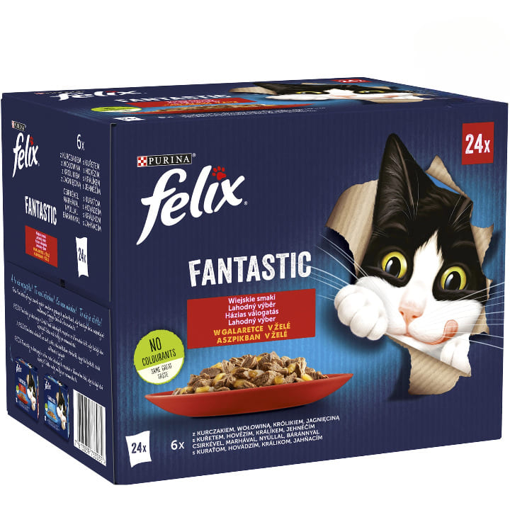 FELIX Fantastic , cu Pui | Vita | iepure si Miel in Aspic, Box Plicuri Hrana Umeda Pentru Pisici Adulte, 24x85g