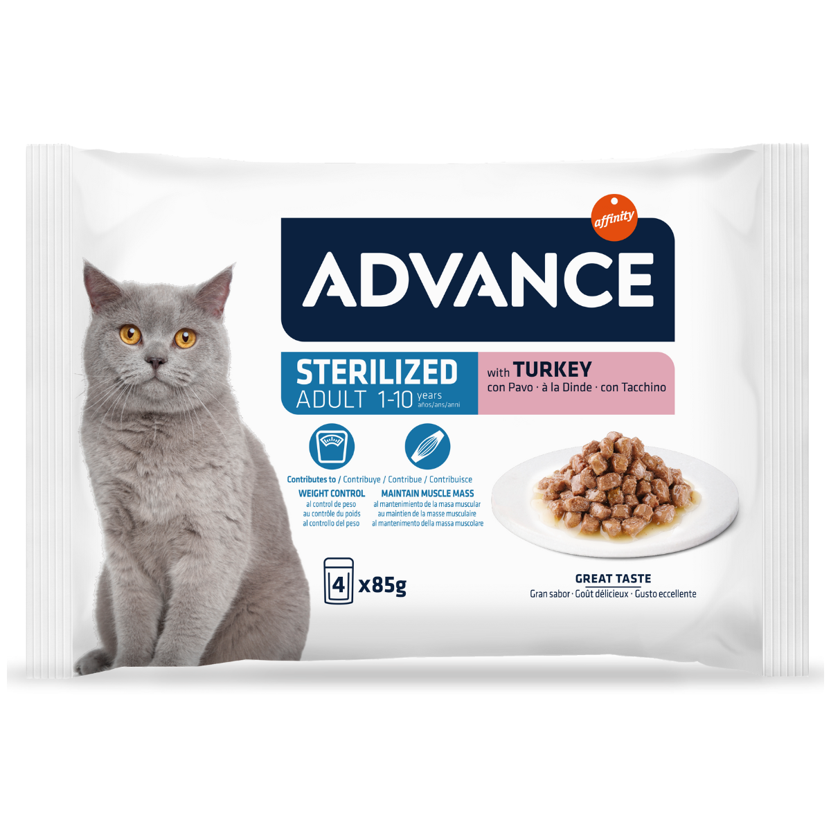 ADVANCE Cat Adult Sterilized , cu Curcan, Multipack Plicuri Hrana Umeda Pisici Adulte Sterilizate (bucatele carne in sos), 4x85g