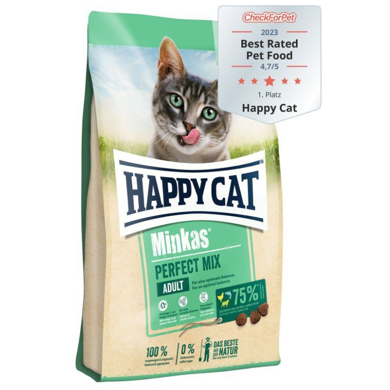 HAPPY CAT Minkas Perfect Mix cu Pasăre, Pește și Miel – Hrană Uscată Premium pentru Pisici Adulte, Combinație Premium de Proteine și Blană Strălucitoare, 10kg