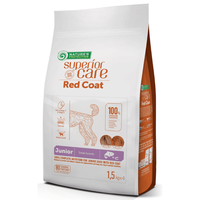 NATURE'S PROTECTION Superior Care Red Coat Grain Free Junior Small Breed cu Somon 1.5 kg | Hrana Uscata fara Cereale pentru Caini Juniori de Talie Mica cu Blana Roscata sau Maronie