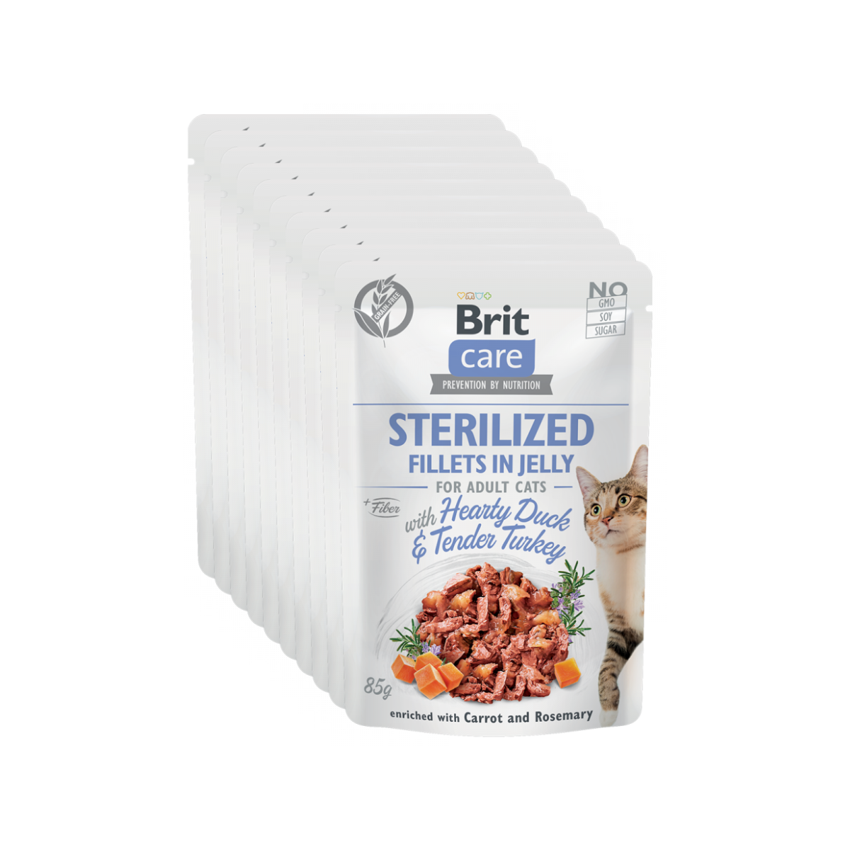BRIT CARE Sterilized Fillets in Jelly, cu Rata si Curcan, Set Plicuri Hrana Umeda, Fara Cereale,  Pisici Sterilizate (file in aspic) 12x85g
