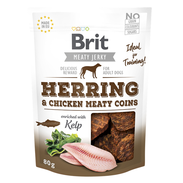 BRIT Jerky Herring Meaty Coins 80 g – Recompense Naturale Fara Cereale pentru Caini, cu Peste Hering, Bogate in Omega 3