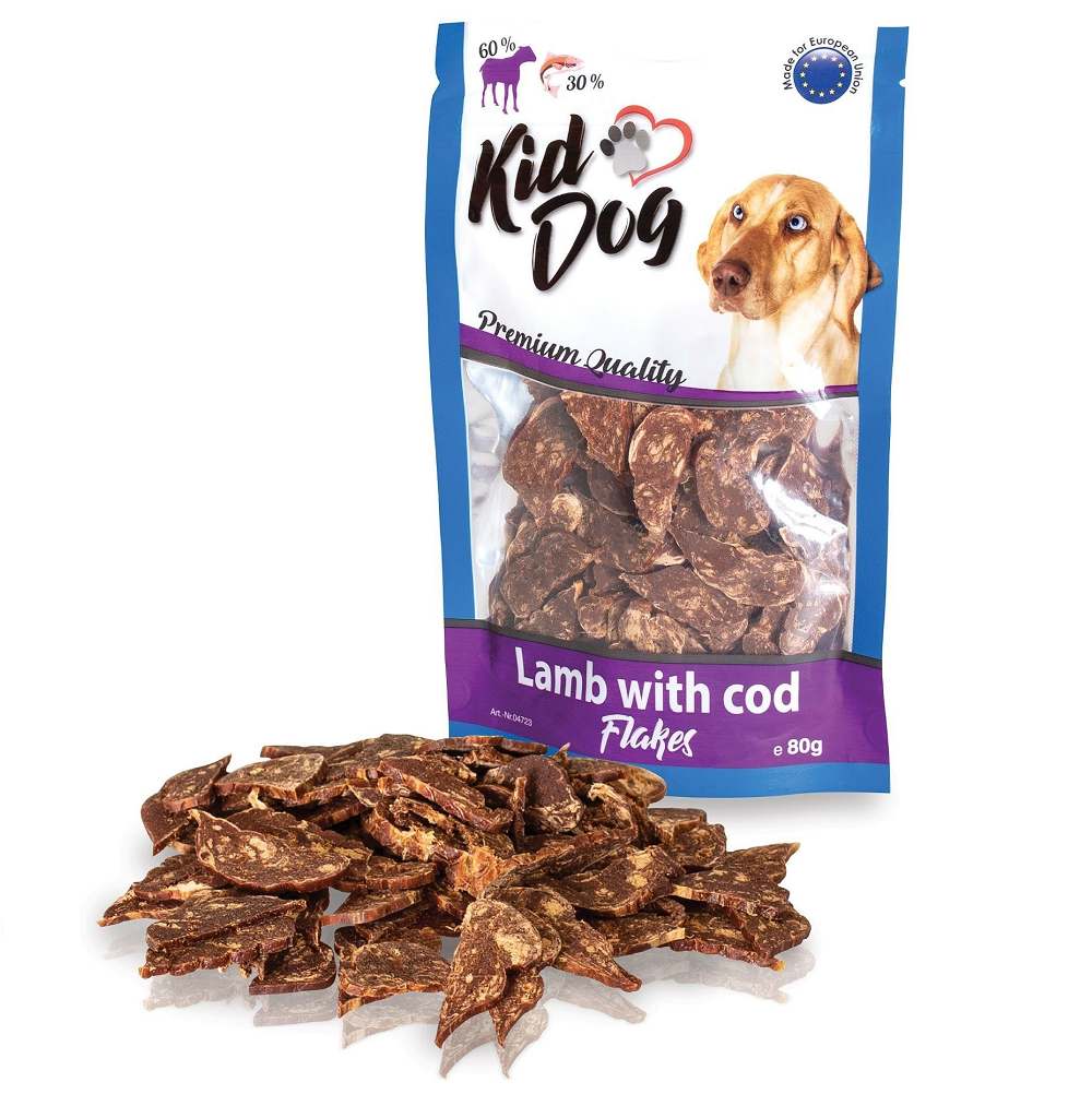KIDDOG Fulgi de Miel cu Cod pentru Caini, 80 g – Chipsuri Delicioase cu 90% Carne și Peste