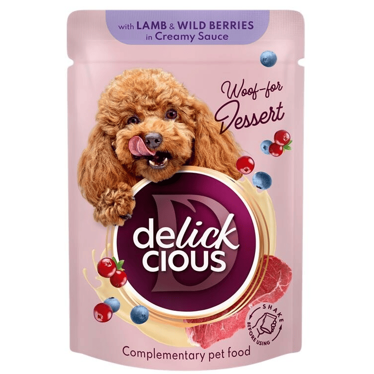 DELICKCIOUS Dog Fulgi de Miel și Fructe de Pădure în Sos Cremos 80 g | Hrană Umedă Complementară pentru Câini Adulți