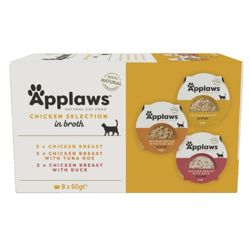 APPLAWS Chicken Selection Multipack in Broth, 8x60 g - Boluri Hrana Umeda Naturala Complementara pentru Pisici, cu Piept de Pui, Rata si Ton