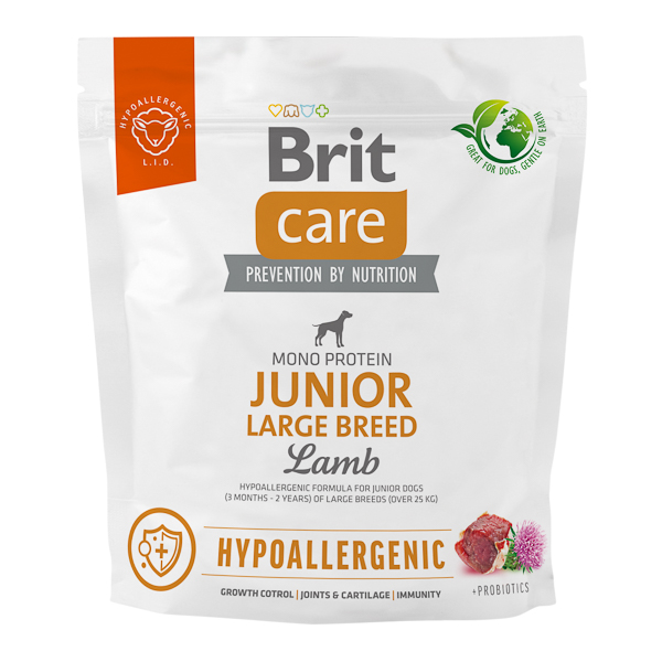 BRIT CARE Hypoallergenic Junior Large Breed, cu Miel, Hrană Uscata Monoproteică pentru Câini Juniori de Talie Mare, 1kg 