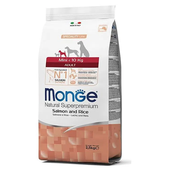 MONGE NATURAL Mini Adult, Somon si Orez, Hrana Uscata Caine, Piele Sanatoasa | Blana Stralucitoare 7.5kg