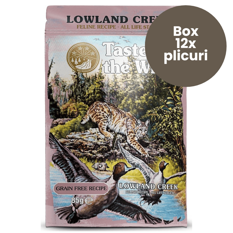 TASTE of the WILD Cat Pouch All Life Stages Lowland Creek Box 12x85 g | Hrana Umeda Fara Cereale pentru Pisici de Toate Varstele | Bucati de Curcan, Pui si Rata in Sos
