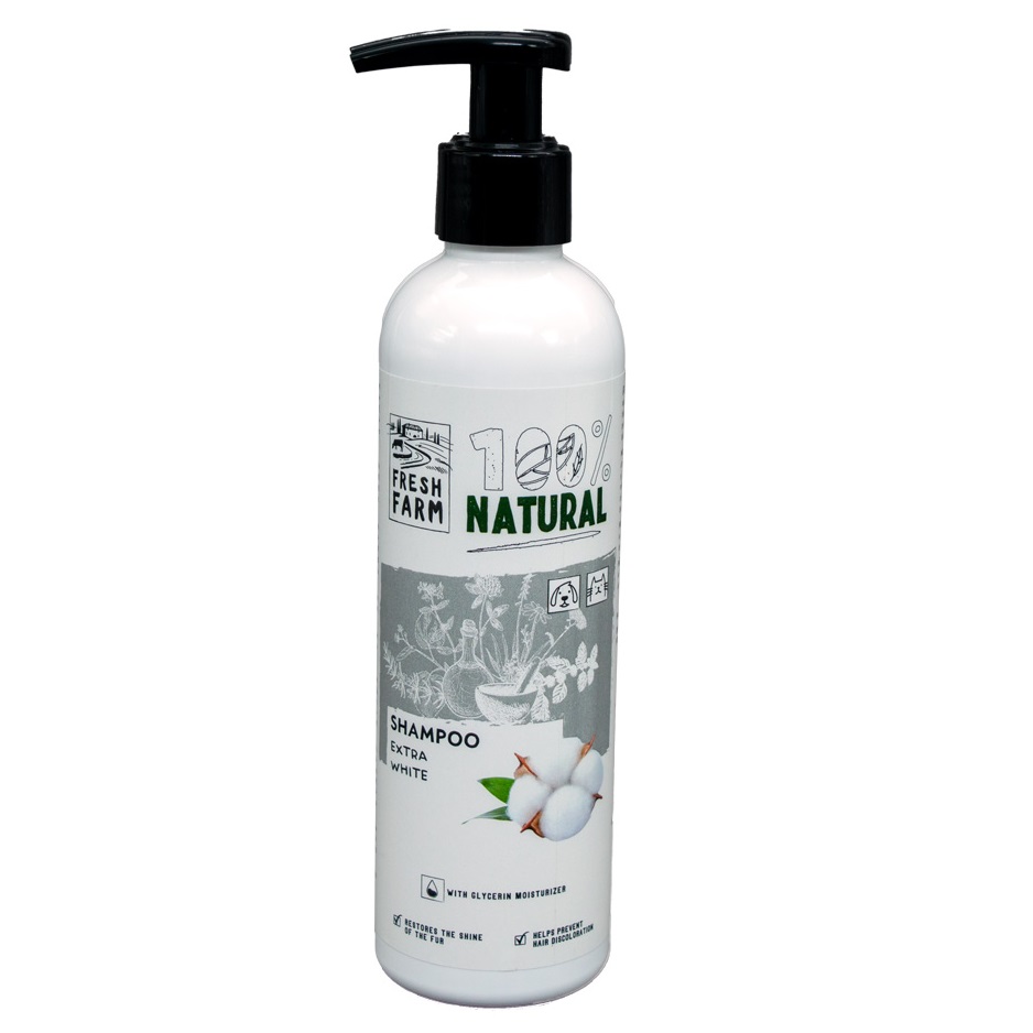 FRESH FARM Extra-White Shampoo 250 ml – Sampon pentru Caini si Pisici cu Blana Alba, Intensifica Stralucirea si Reda Albul Natural