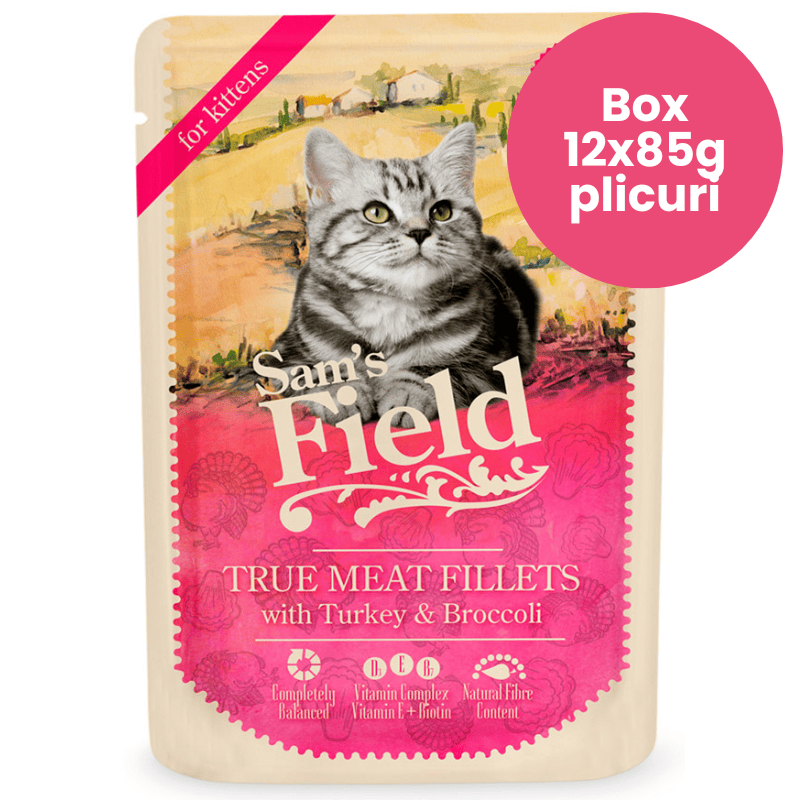 SAM'S FIELD Cat Pouch Kitten Turkey & Broccoli Box 12x85 g | Hrana Umeda Superpremium pentru Pisoi | Fileuri de Curcan si Broccoli | Crestere Sanatoasa si Digestie Echilibrata