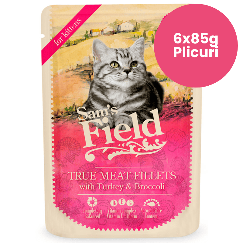 SAM'S FIELD Cat Pouch Kitten Turkey & Broccoli Multipack 6x85 g | Hrana Umeda Superpremium pentru Pisoi | Fileuri de Curcan si Broccoli | Crestere Sanatoasa si Digestie Echilibrata