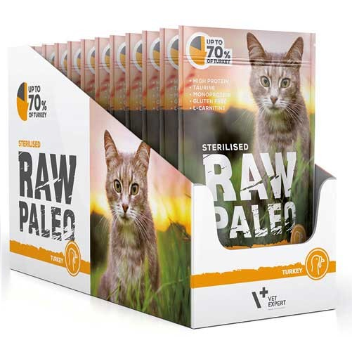 RAW PALEO Sterilised, Curcan, Set Plicuri Hrana Umeda Monoproteica, Fara Cereale, Pisica Sterilizata (pateu), 12x100g