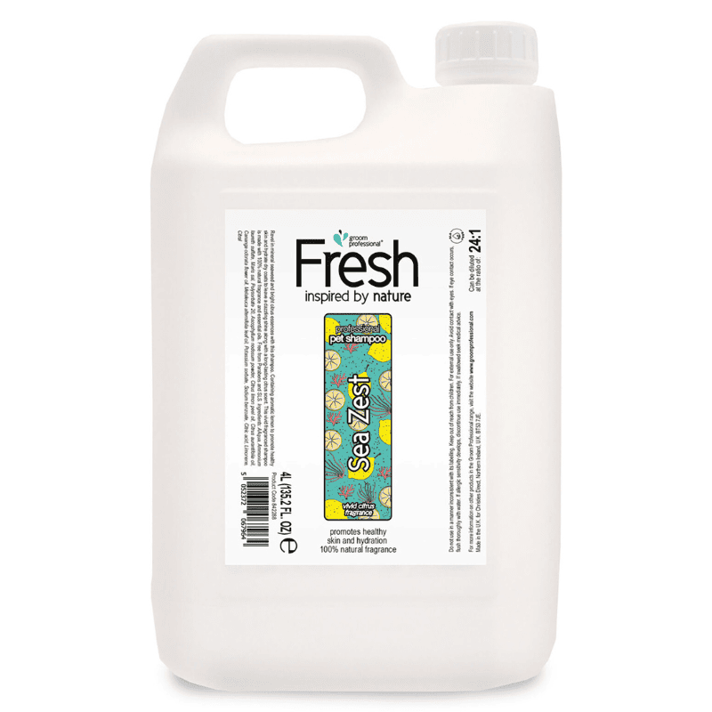 GROOM PROFESSIONAL Fresh Sea Zest Shampoo 4 L | Șampon Revigorant și Hidratant Concentrat (dilutie 24:1) pentru Câini, cu Minerale Marine, Alge și Uleiuri Esențiale de Citrice