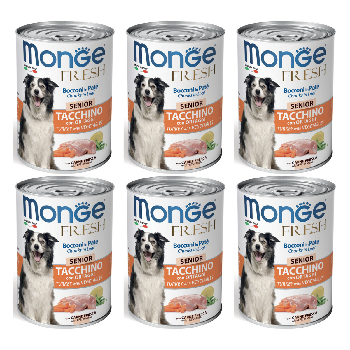 MONGE Fresh, cu Curcan si Vegetale, Set Conserve Hrana Umeda Pentru Caini Seniori (pateu cu bucatele de carne), 6x400g
