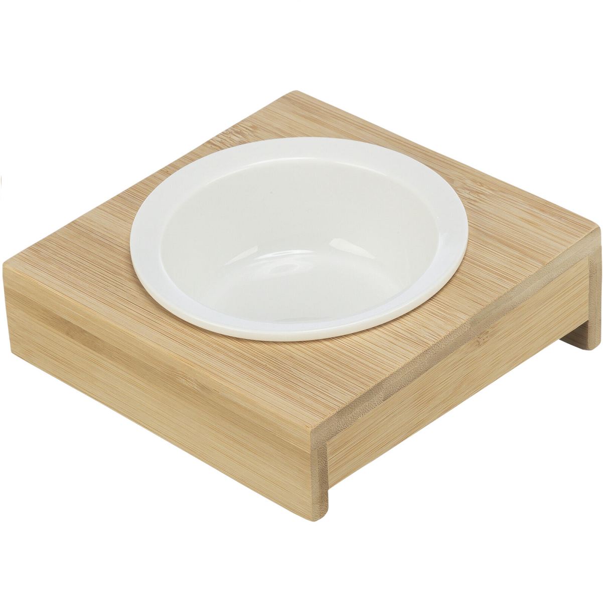 Castron Ceramic Alb, in Suport din Bambus, Pentru Pisici si Caini Mici, 0.25L | 12cm