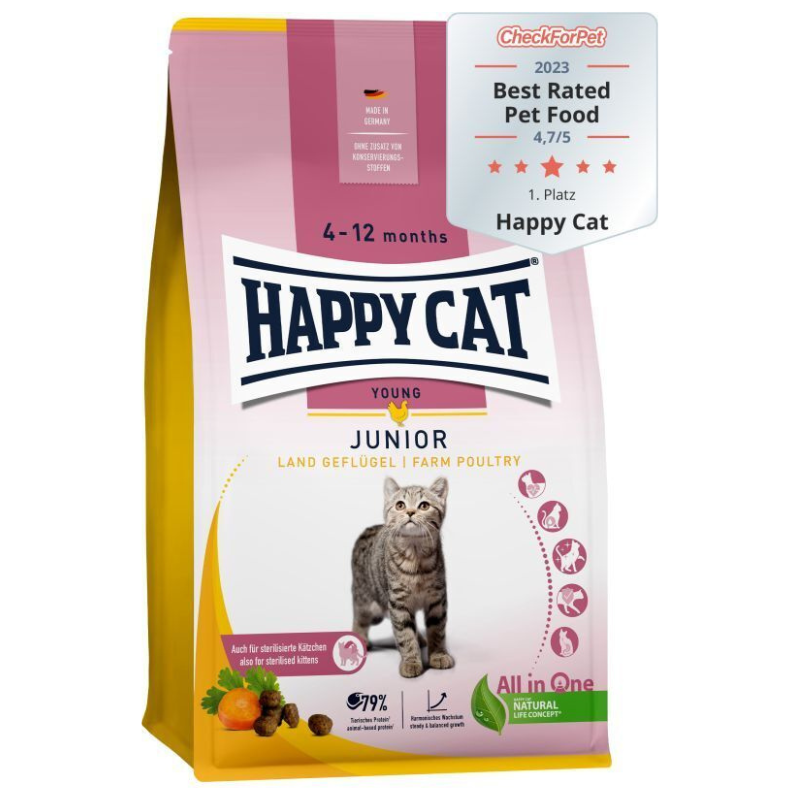 HAPPY CAT Young Junior Farm Poultry – Hrană Uscată Premium pentru Pisici Tinere (4–12 Luni), cu Carne de Pasăre, 10kg