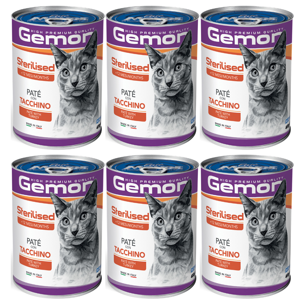 GEMON Cat Sterilised, Paté cu Curcan – Set Conserve Hrană Umedă Completă pentru Pisici Sterilizate, 6x400g