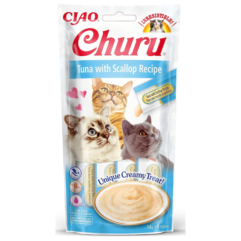 INABA Ciao Churu Creamy Sticks Tuna & Scallop Recipe 4x14 g | Recompense Cremoase fara Cereale pentru Pisici | cu ton si Scoici | Sanatoase, Delicioase si cu Calorii Putine