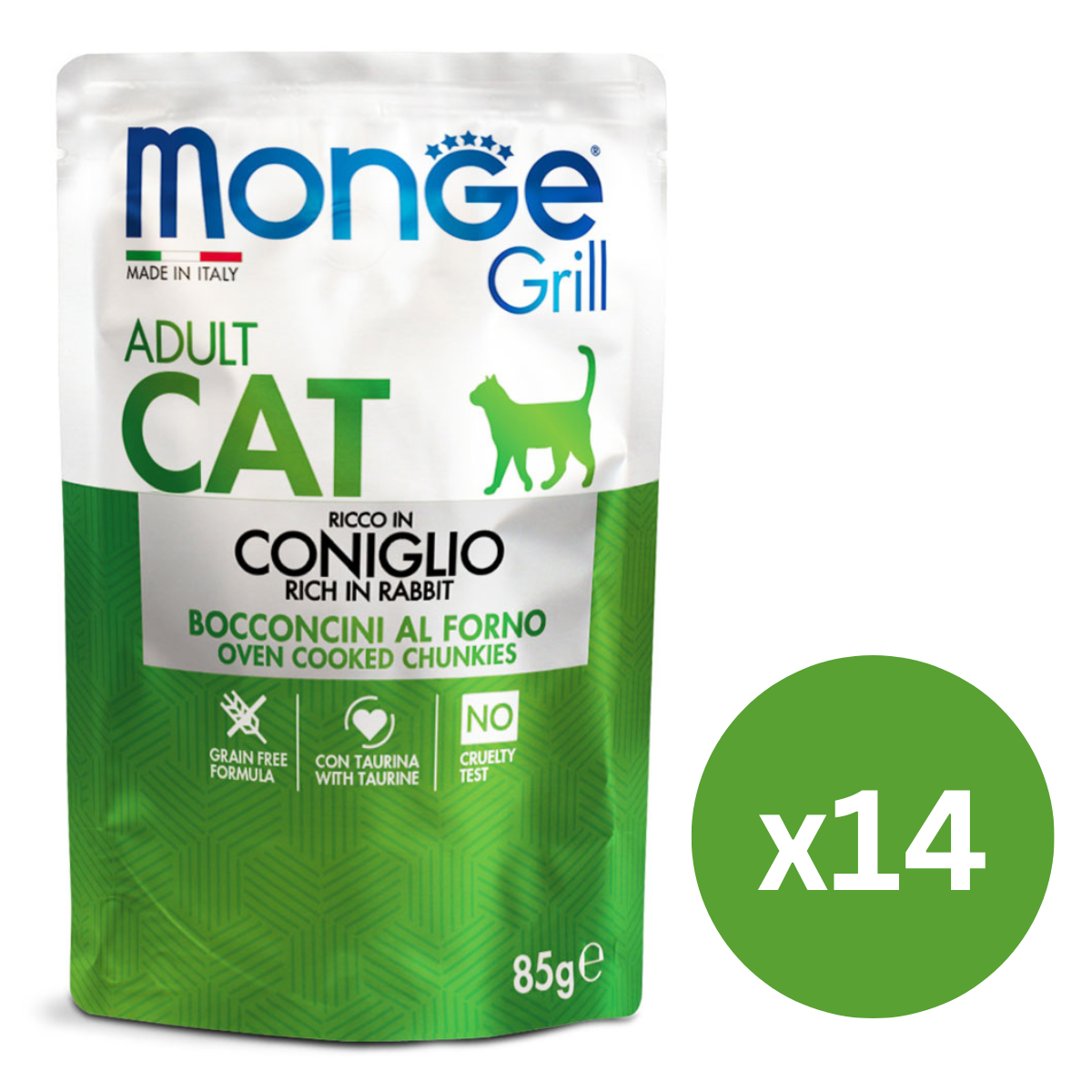 MONGE Grill Adult Cat, cu Iepure, Set Plicuri Hrana Umeda Fara Cereale Pentru Pisici (bucatele carne in aspic), 14x85g
