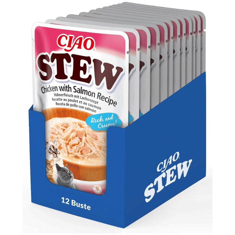 CIAO CHURU Stew Fasii de Pui in Supa Cremoasa cu Somon Box 12x40 g | Hrana Umeda Complementara pentru Pisici | Delicioasa si Sanatoasa, Fara Cereale, Topping Palatabil