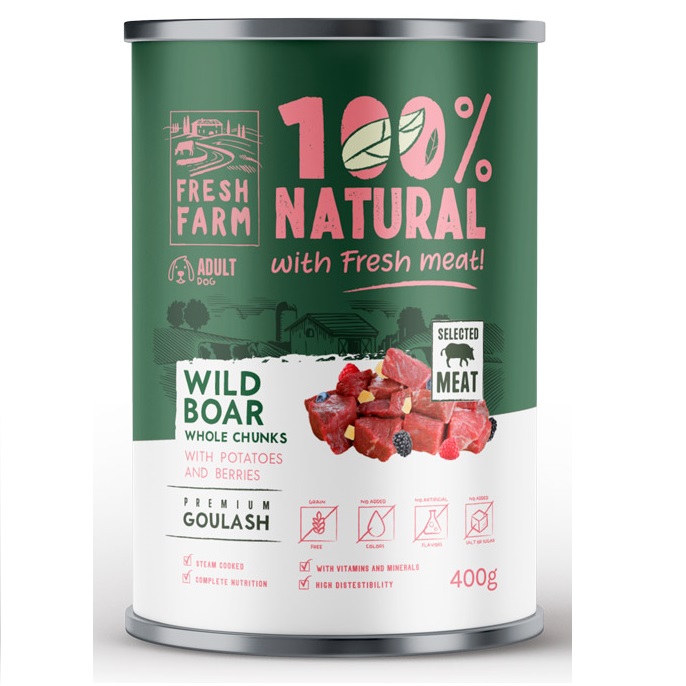 FRESH FARM Goulash cu Mistret  (80%), Cartofi si Fructe de Padure, 400 g - Hrana Umeda Fara Cereale pentru Caini, Reteta Gatita la Aburi