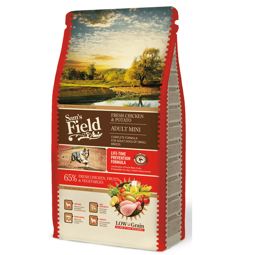 SAM'S FIELD Fresh Chicken & Potato Adult Mini 8 kg | Hrana Uscata Super-Premium pentru Caini Adulti de Talie Mica | Formula Hipoalergenica cu Pui Proaspat, Cartofi, Fructe si Legume | Digestie Usoara si Blana Stralucitoare