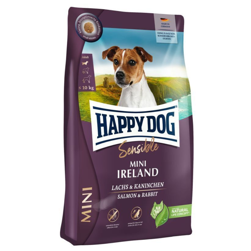 HAPPY DOG Mini Sensible Ireland, cu Somon si Iepure– Hrană Uscată pentru Câini Adulți de Talie Mica, pentru o Piele Sănătoasă și Blană Strălucitoare, 10kg