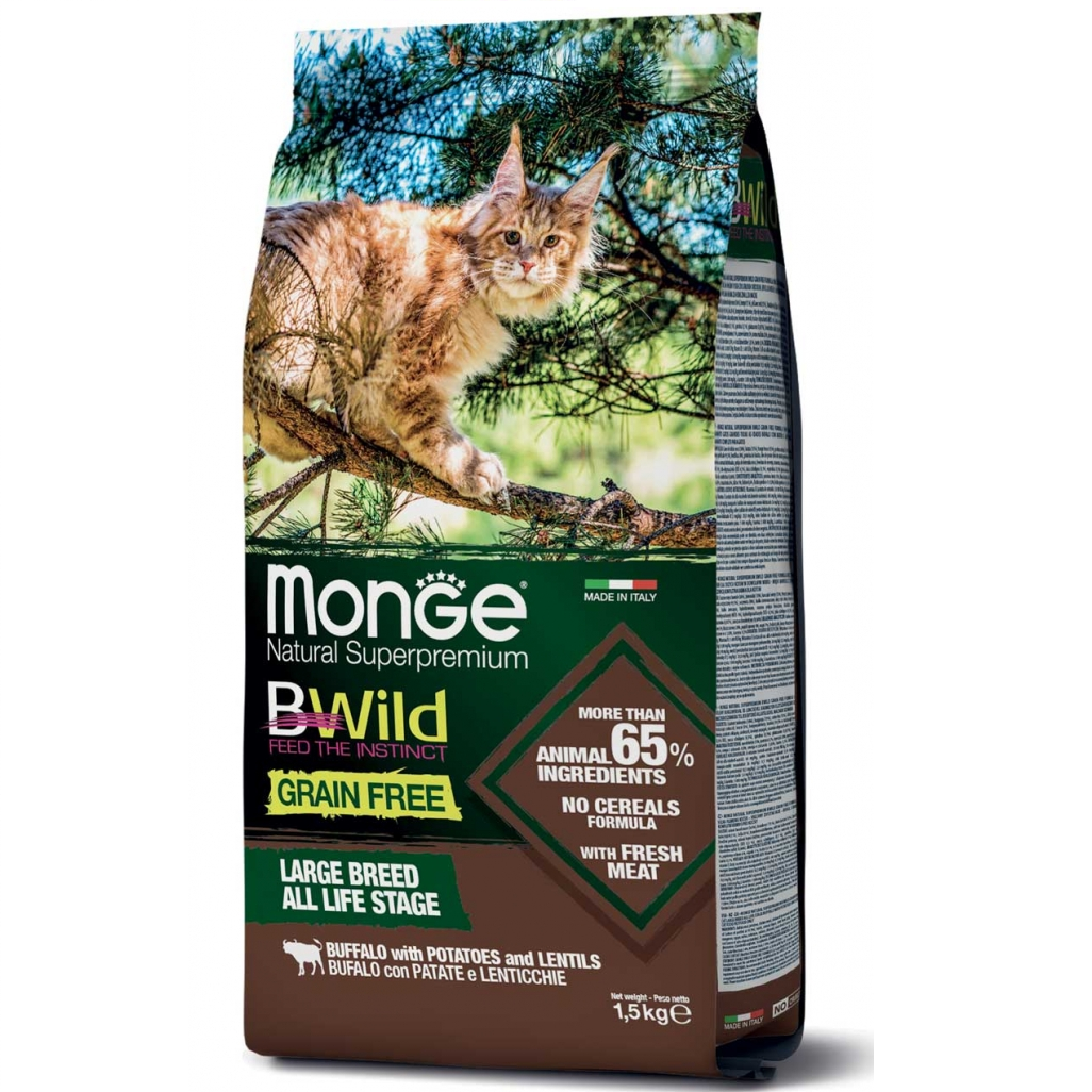 MONGE BWild Grain Free Adult Cat Large Breed – Hrană Uscată Fara Cereale pentru Pisici de Talie Mare, Toate Stadiile de Viata, 1.5kg