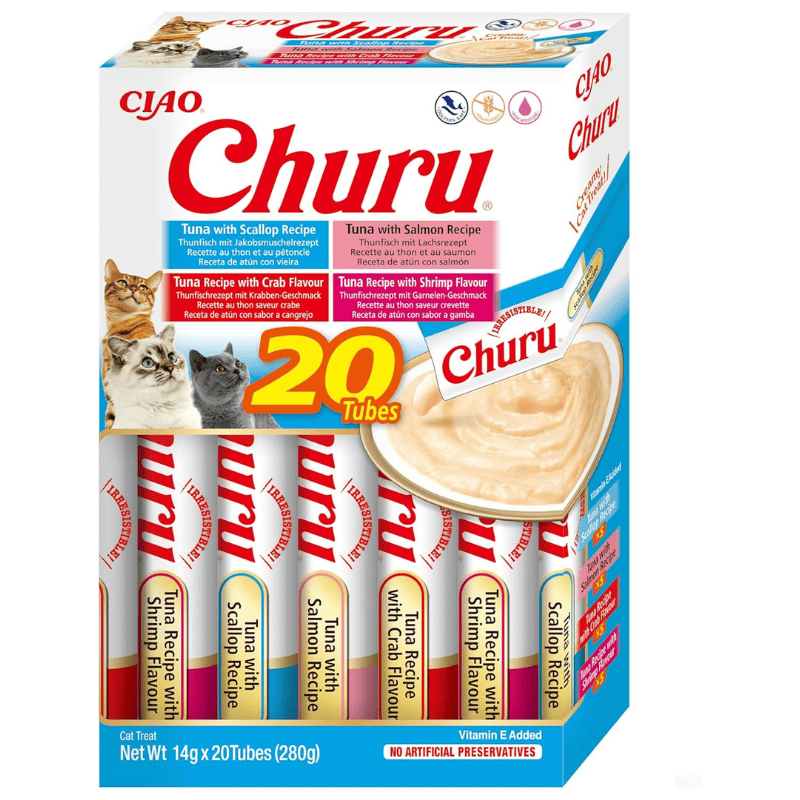 INABA Ciao Churu Creamy Sticks Tuna & Seafood Variety Box 20x14 g | Recompense Cremoase fara Cereale pentru Pisici | cu Ton, Scoici, Somon si Creveti | Sanatoase, Delicioase si cu Calorii Putine