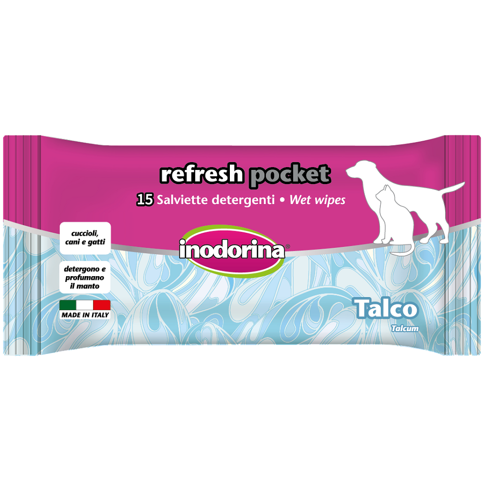 INODORINA Refresh, Servetele Umede Pentru Caini si Pisici, cu Aroma de Talc, 15buc