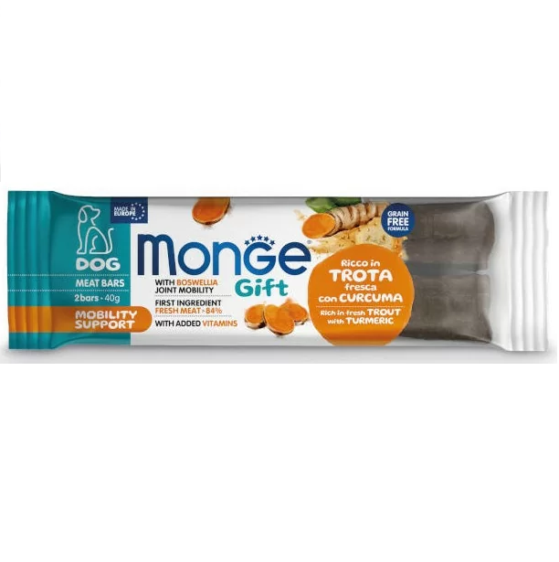 MONGE Gift Mobility Support, cu Pastrav si Turmeric, Recompense Caini Pentru Articulatii Sanatoase, 2 Batoane, 40g