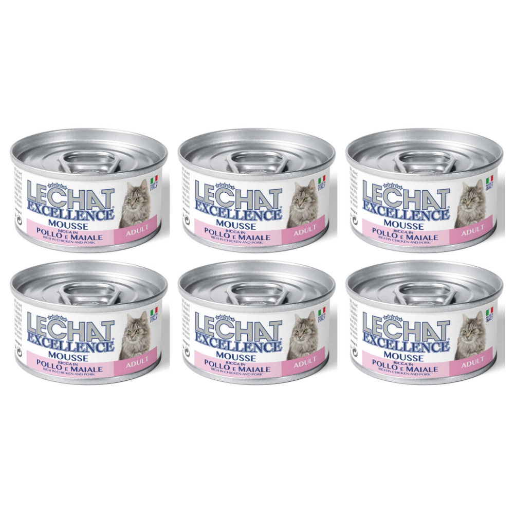 LeChat Excellence Mousse Adult, cu Pui și Porc - Set Conserve Hrana Umeda pentru Pisici Adulte, (mousse delicat), 6x85 g