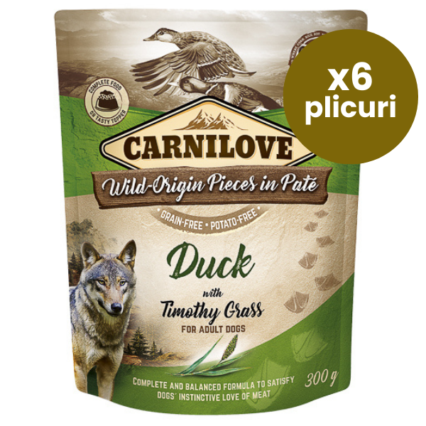 CARNILOVE Dog Pouch Pate Rață cu Timoftica Set 6x300 g – Hrană Umedă Fără Cereale pentru Câini, Proteine de Calitate și Digestie Sănătoasă