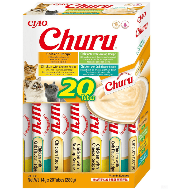 INABA Ciao Churu Creamy Sticks Chicken Variety Box 20x14 g | Recompense Cremoase fara Cereale pentru Pisici | cu Pui, Branza, Scoici si Crab | Sanatoase, Delicioase si cu Calorii Putine