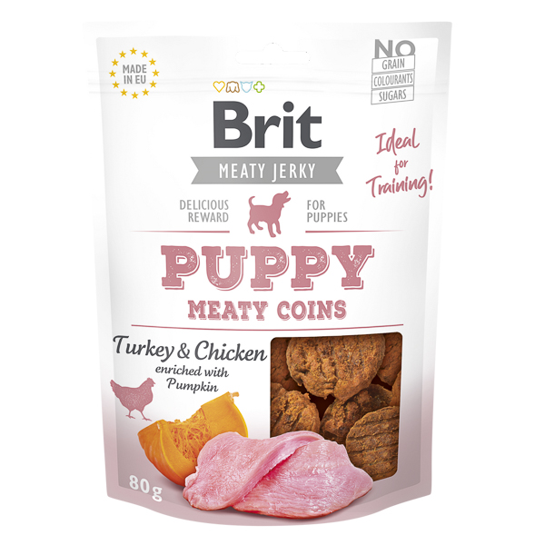 BRIT Jerky Puppy Turkey Meaty Coins 80 g – Recompense Naturale Fara Cereale pentru Pui de Caine, cu Carne de Curcan, Usor Digerabile