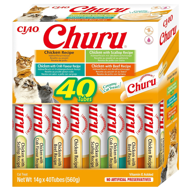 INABA Ciao Churu Creamy Sticks Chicken Variety Box 40x14 g | Recompense Cremoase fara Cereale pentru Pisici | cu Pui, Crab, Scoici, Vita | Sanatoase, Delicioase si cu Calorii Putine