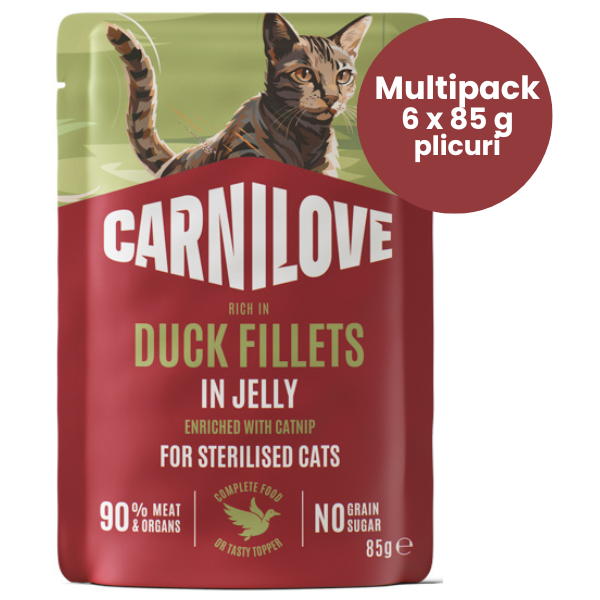 CARNILOVE Cat Sterilised cu Rață și Catnip Multipack 6x85 g | Hrană Umedă Completă Fără Cereale pentru Pisici Adulte Sterilizate