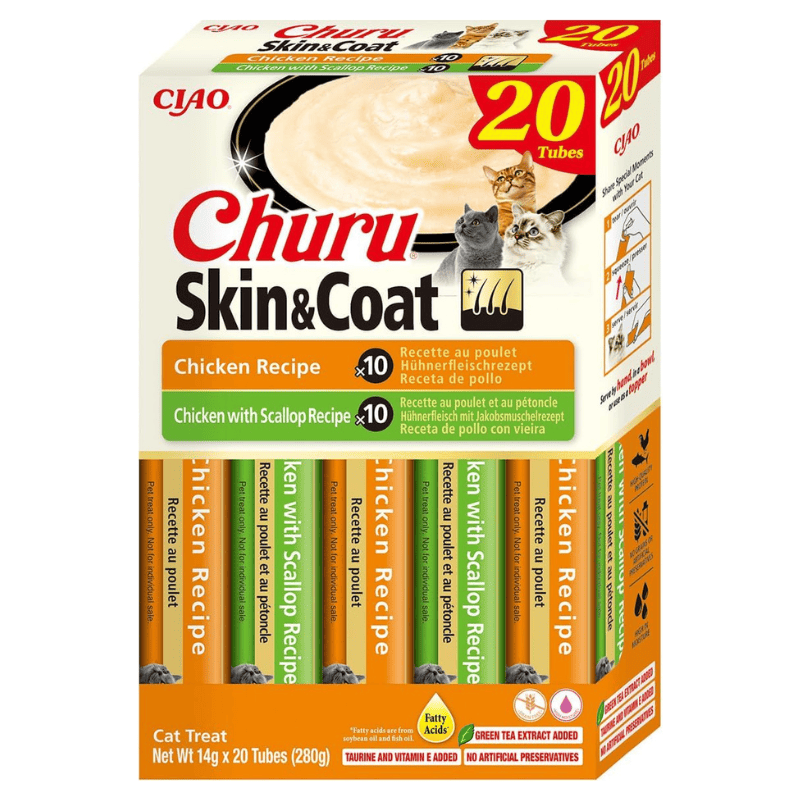 INABA Ciao Churu Skin & Coat Chicken Variety Box 20x14 g | Recompensa Functionala Cremoasa pentru Pisici | cu Pui si Pui cu Scoici | Piele Sanatoasa si Blana Stralucitoare