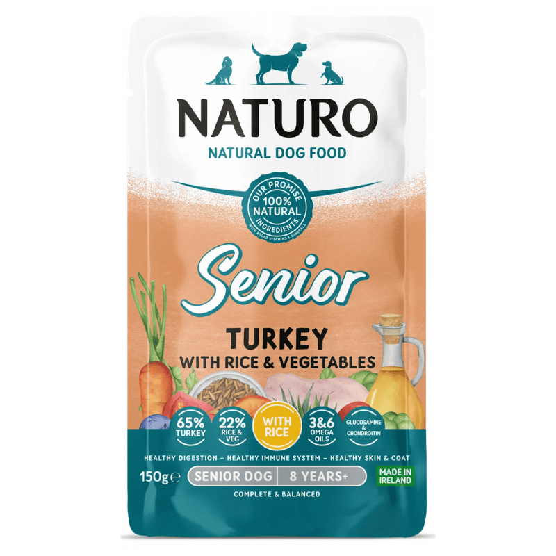 NATURO Senior Dog cu Curcan, Orez si Legume 150 g | Hrana Umeda Completa 100% Naturala pentru Caini Seniori