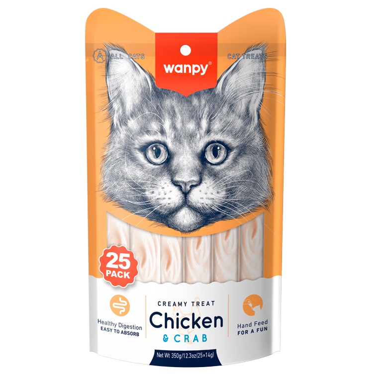 WANPY Creamy Lickable Cat Treats, cu Pui si Crab, plicuri 25x14 g – Recompensa Cremoasa Superpremium pentru Pisici, Naturala si Usor Digerabila