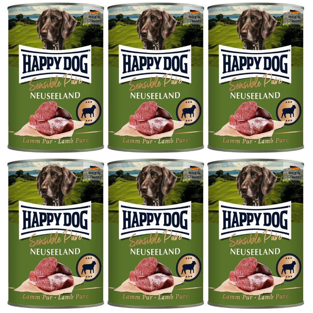 HAPPY DOG Sensible Pure New Zealand – Set Conserve Hrană Umedă Monoproteică fără Cereale pentru Câini Adulți, cu 100% Carne de Miel, 6x400g