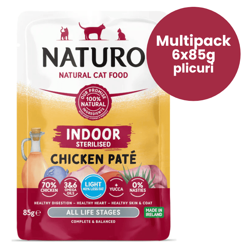 NATURO Adult Cat Indoor Sterilised Light Pate Grain Free cu Pui Multipack 6x85 g | Hrana Umeda Completa pentru Pisici Adulte de Interior, Sterilizate sau cu Tendinta de Ingrasare