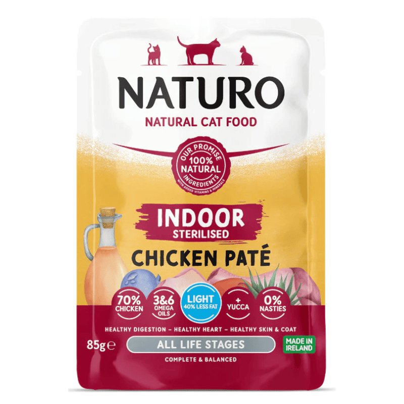 NATURO Adult Cat Indoor Sterilised Light Pate Grain Free cu Pui 85 g | Hrana Umeda Completa pentru Pisici Adulte de Interior, Sterilizate sau cu Tendinta de Ingrasare