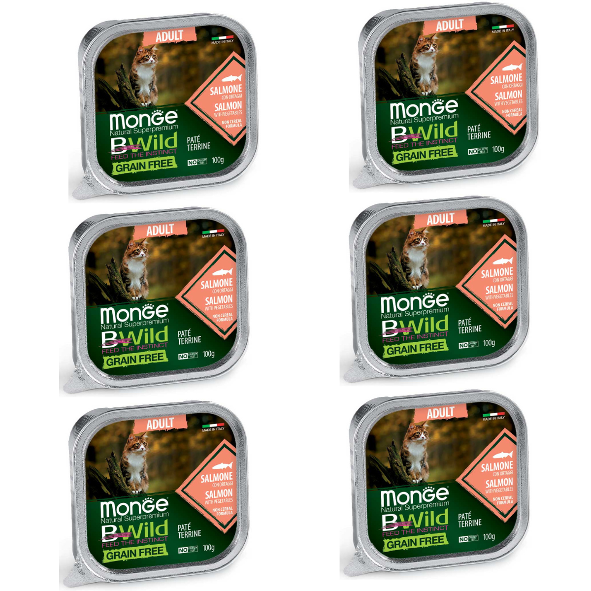 MONGE Natural BWild Adult Cat, cu Somon, Set Conserve Hrana Umeda Pentru Pisici (pateu fin), 6x100g
