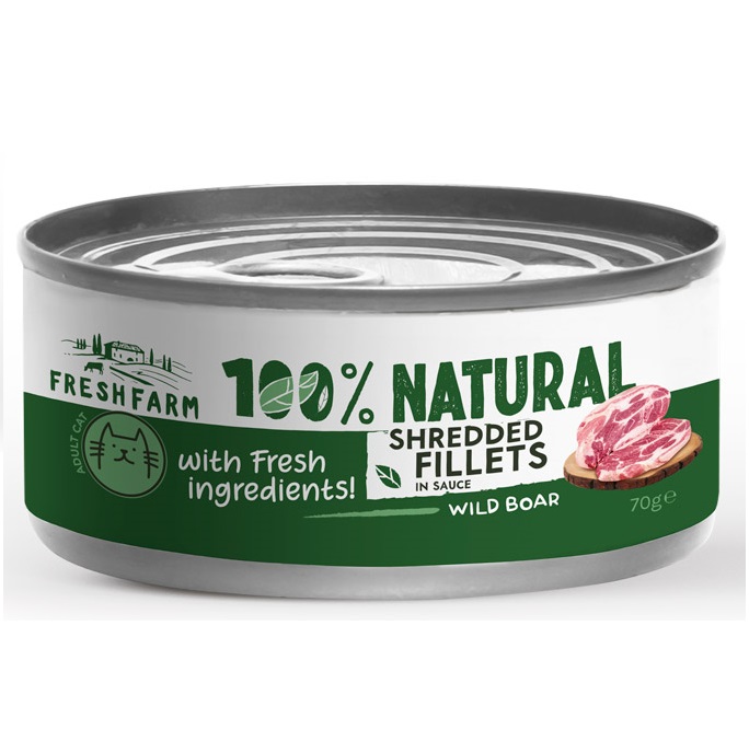 FRESH FARM Shredded Fillets, Mistret si Pui in sos, 70 g – Hrana Umeda Fara Cereale pentru Pisici, Fileuri Maruntite in Sos