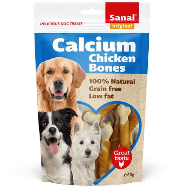 SANAL Dog Calcium Chicken Bones Doypack 80 g | Recompensa Naturala fara Cereale pentru Caini Adulti, cu Pui si Os de Calciu | Low Fat, Punga Resigilabila