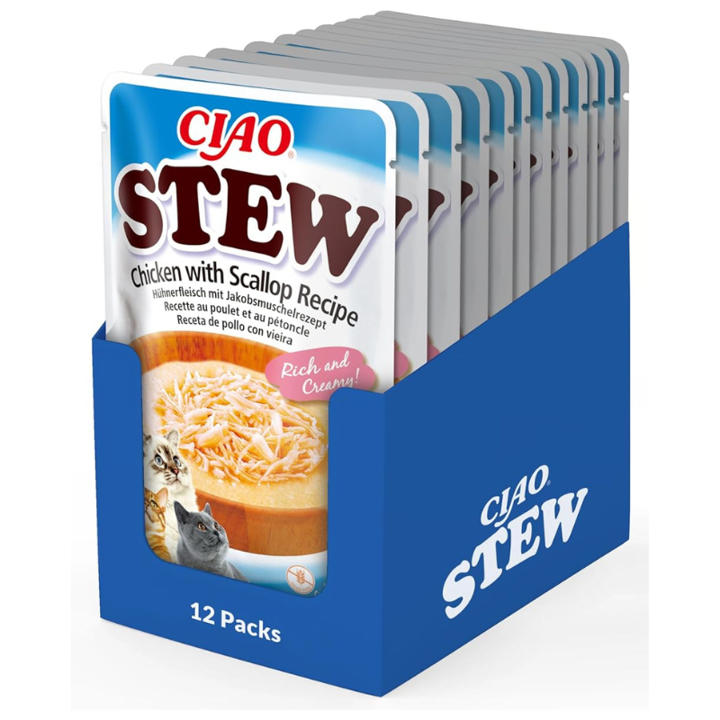 CIAO CHURU Stew Fasii de Pui in Supa Cremoasa de Scoici Box 12x40 g | Hrana Umeda Complementara pentru Pisici | Delicioasa si Sanatoasa, Fara Cereale, Topping Palatabil