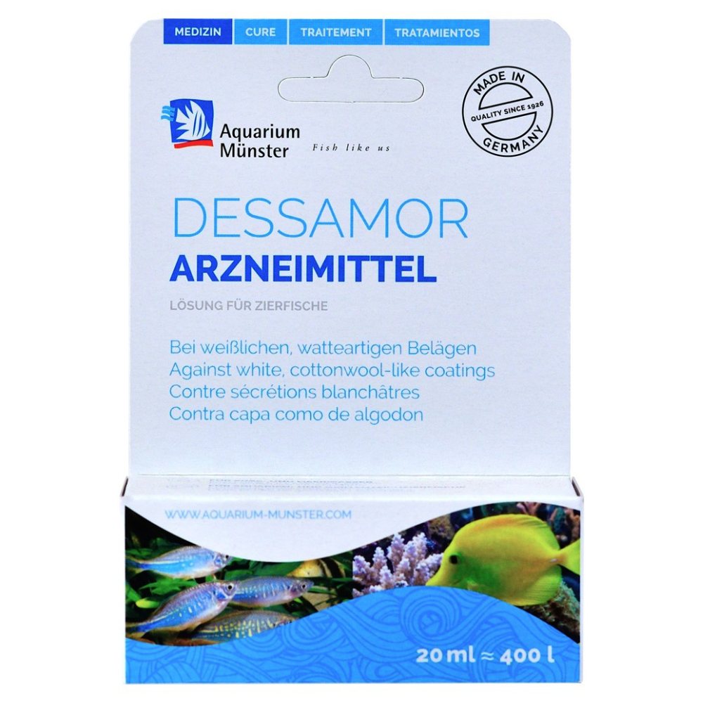 Aquarium Munster DESSAMOR 20 ml, Fresh/Marin – Tratament Antifungic (Saprolegnia, Achlya) pentru Pești Ornamentali de Apa Dulce sau Marina