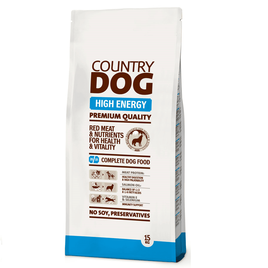 COUNTRY DOG High Energy 15 kg | Hrana Uscata Completa si Echilibrata pentru Caini Adulti Activ | Cu Carne de Calitate, Ulei de Somon si Vitamina E | Energie, Rezistenta si Blana Stralucitoare