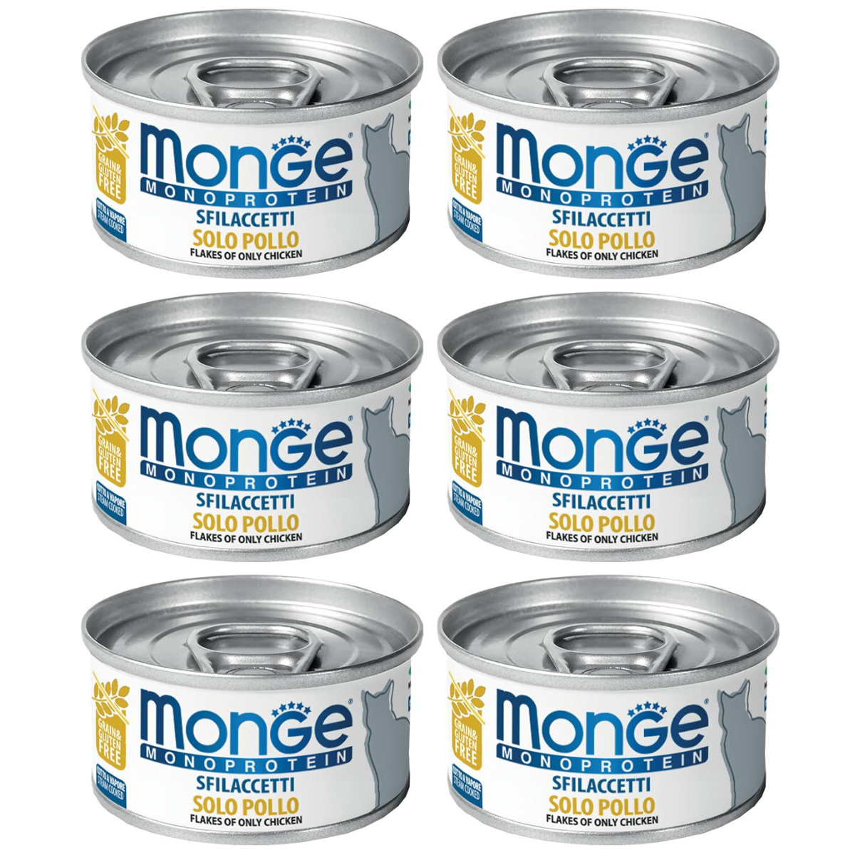 MONGE Monoprotein, Fasii Carne de Pui, Set Conserve Hrana Umeda Monoproteica Pentru Pisici, 6x80g